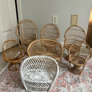 Set of 7 Collection Mini Peacock & Rattan Egg Chairs & Benches for dolls/plants